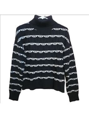 JOIE BLACK AND CREAM CABLE KNIT TURTLENECK SWEATER WOMENS SIZE XS EUC